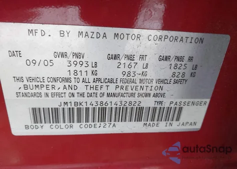 2006 Mazda Mazda3 S from USA, damaged, VIN JM1BK143861432822